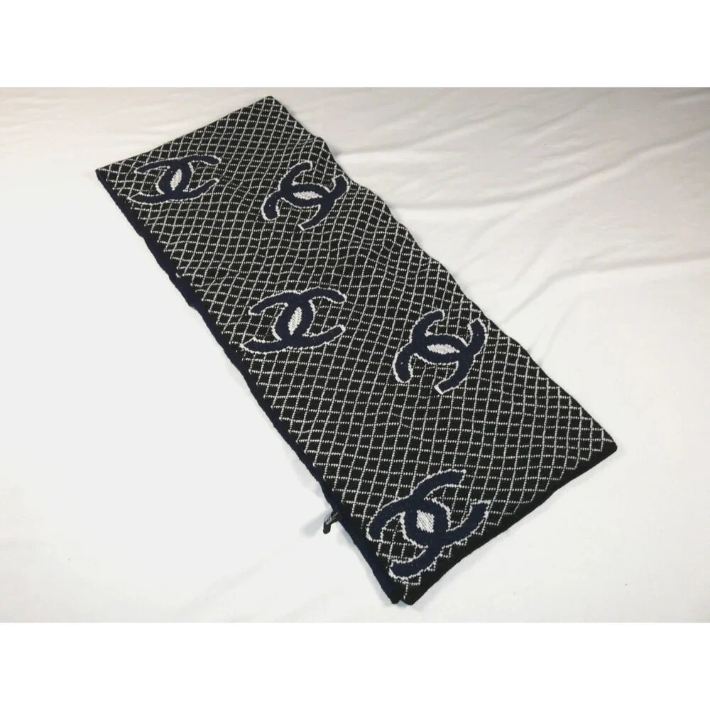 Chanel Cashmere & Silk Logo Allover Scarf Shawl Stole Blue Black White 60